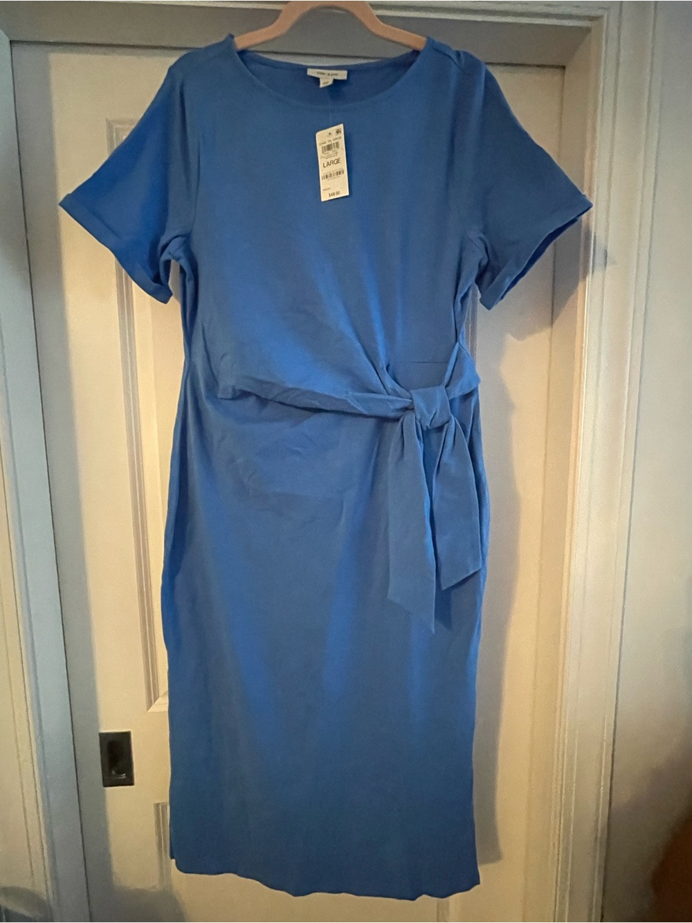 Short-Sleeve Blue Wrap Tie-Waist Midi Dress